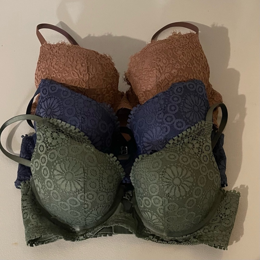3 for $30 Aerie Lace Padded Bra Set - Green, Blue, Brown